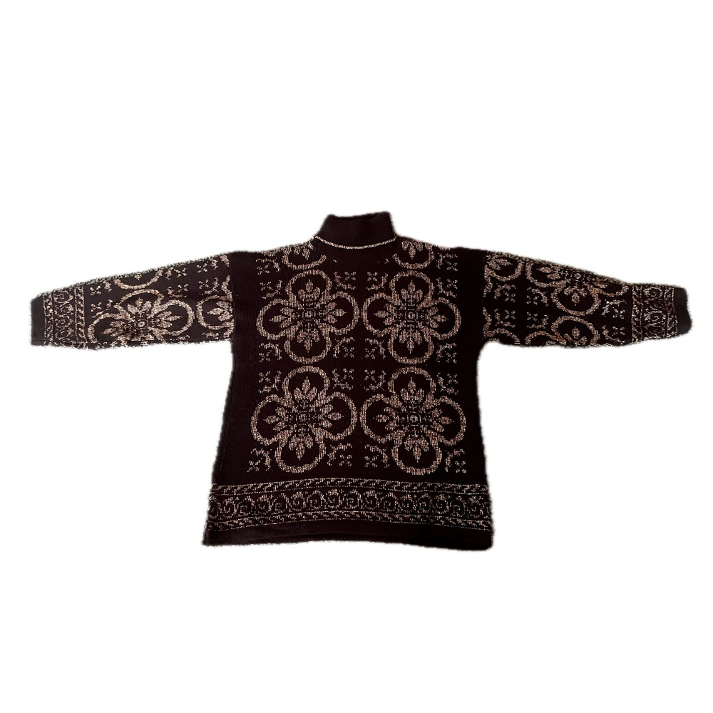 Vintage 80s Black Gold Metallic Damask Sweater USA Made Sz L Luxury Clover Chic